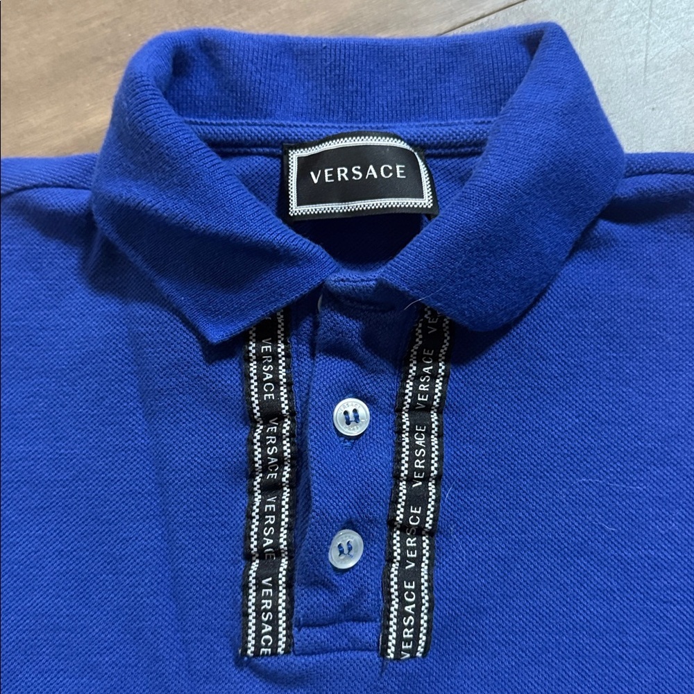 Versace Kids Royal Blue Logo Tape Polo Shirt SZ 4 - Picture 2 of 6